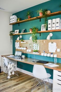 a desk that has some plants on it