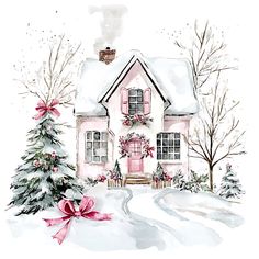 a watercolor painting of a pink house in the snow with christmas trees and presents