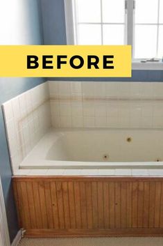 before and after shot of a bathtub in a bathroom with blue walls, tile flooring and wood paneling