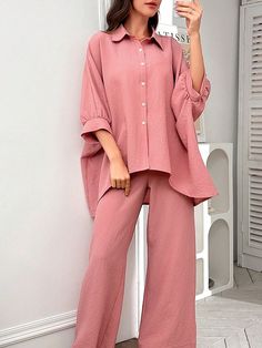 Rosa Casual Collar   Liso  Embellished Elástico Ligero Modest Outfits Women, Plain Pants, Hijabi Fashion Casual, Modest Wear, Long Sleeve Tops Casual, Hijabi Fashion, Stylish Dress Designs, Modest Fashion Outfits, Loose Pants