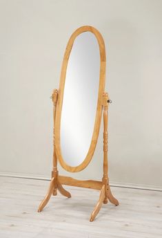 a wooden stand with a mirror on it