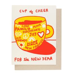 a greeting card with a cup of cheer on the front and words in red, yellow, and green