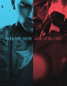 the avengers movie poster with captain america and iron man in red, blue and black