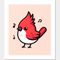 a red and white bird with musical notes on it's back legs, standing in front of a pink background