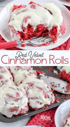 red velvet cinnamon rolls with white frosting on top and in the background, there is a plate that has been cut into pieces