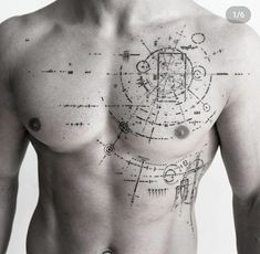 a man's chest is shown with lines and circles drawn on it, all over his body