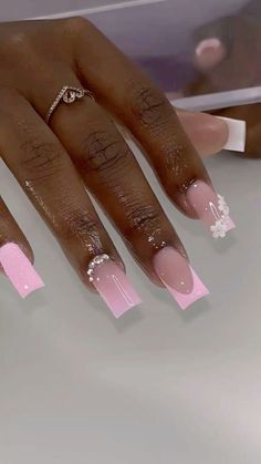 Nail Inspo 11-12, Classy Freestyle Nails, Light Pink Nails Birthday, Nails For 13th Birthday, Diamond French Tip Nails, Nail Inspo With Charms, Mid Nails, Short Bling Acrylic Nails, Nail Technician Aesthetic