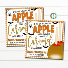 two printable halloween cards with pumpkins and bats on them, one says apple cider