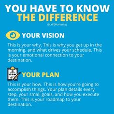 a blue poster with the words you have to know the differences between your vision and your plan