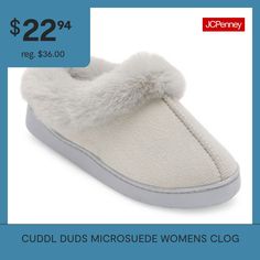 These Cuddl Duds clog slippers are a must to stay cozy on cold-weather days at home. Made from microsuede with a plush faux fur lining, these slip-on flat shoes will pair perfectly with your favorite sweats.Features: Memory FoamBase Material: 100% PolyesterUpper/Outer Base Material: 100% PolyesterShoe Lining Material: PolyesterSole Material Content: 100% PolyesterCare: Spot CleanCountry of Origin: Imported Clog Slippers, Cuddl Duds, Weather Day, Womens Clogs, Stay Cozy, Flat Shoes, Home Made, Cold Weather, Memory Foam