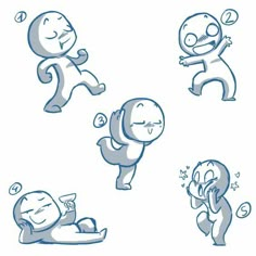 various poses of an animated character with different expressions, including the face and body of a person