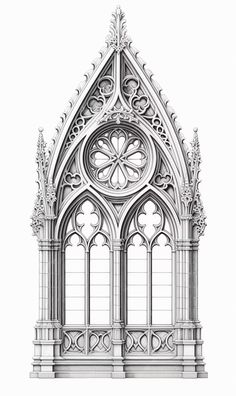 an architectural drawing of a gothic church with arched windows and ornate decorations on the front