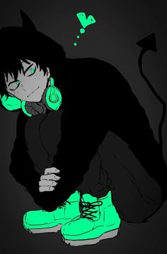 a drawing of a person with headphones on and green shoes in front of them