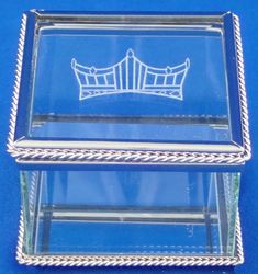 Glass Crown Logo Box-Box-Schoppy's Since 1921 Crown Box Pageant, Jewelry Box Clear, Art Deco Celluloid Light Blue Plastic Ring Presentation Box, Jewelry Box Glass Insert Anchor, Lime Green Jewelry Box, 2000s Fashion Trends, Glass Hinges, Crown Logo, White Gift Boxes