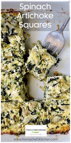 spinach artichoke squares on a plate with a fork