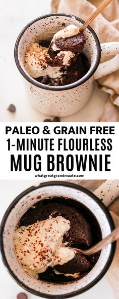 two pictures showing how to make palen and grain free mug brownies