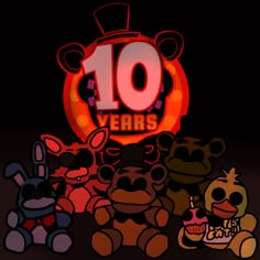 the 10 year anniversary logo is surrounded by stuffed animals