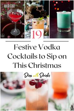 Collage of 4 vodka christmas cocktails. Christmas Drink And Appetizer, Signature Holiday Cocktails Christmas Parties, Tito’s Holiday Drinks, Easy Holiday Cocktails Vodka, Nye Cocktails Vodka, Holiday Ornament Drinks, Christmas Drinks Vodka Recipes, Christmas Batch Cocktails Holiday Punch