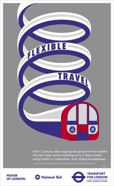 a poster with the words flexible travel in blue, red and white on grey background