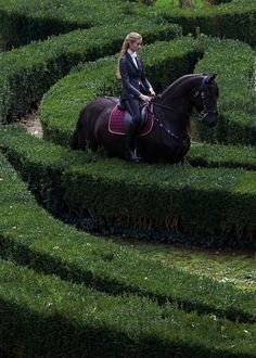 a woman riding on the back of a brown horse through a maze