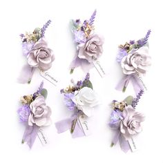 PRICES MAY VARY. 50% Foam, 50% Silk Size: 2.7 inch(L) x 4.7 inch(H);Diameter of the bud rose:1.7 inch. Material: The groom’s boutonniere is made of white foam gardenia; The groomsman boutonnieres are composed of light purple foam gardenia. All boutonnieres did dot with silk lavender, light purple silk delphinium, dusty eucalyptus leaf, and golden leaves. Tied with lavender ribbon. Great Value: A set of 6 boutonnieres may fit the number of the groom and groomsman. The exquisite and pure white bou