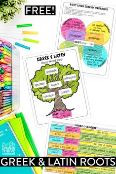 the greek and latin roots worksheet is shown with pencils, crayon markers