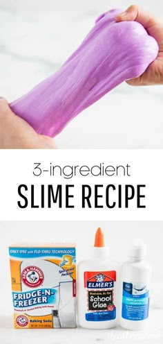 the ingredients to make slime recipe are shown with text overlay that reads 3 ingredient slime recipe