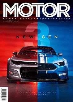 the front cover of motor magazine, featuring a car in blue and white stripes on it