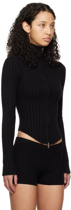 Rib knit viscose-blend sweater. · Mock neck · Two-way zip closure · Curved hem Supplier color: Black Knit Zip Up Sweater, Laid Back Outfits, Casual Day Dresses, Zip Up Sweater, Black Turtleneck, Fit Girl, Black Sweaters, New Outfits, Party Wear