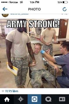 an army man sitting in a chair with two other men around him and the caption says, army strong