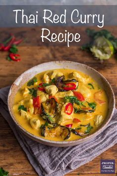 thai red curry recipe in a white bowl on top of a wooden table with text overlay