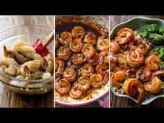 three pictures showing different types of shrimp and broccoli in various dishes, including rice