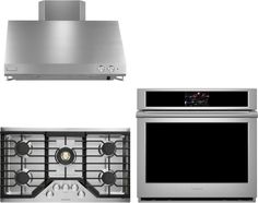 three different stoves and hoods are shown in this image, one is stainless steel