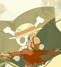 a cartoon character holding onto a pirate flag