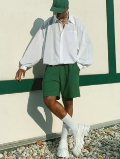 Men's Pocketed Button-Front Lantern-Sleeve Shirt And Slanted Pockets Shorts Set Multicolor Casual    Plain  Non-Stretch  Men Clothing, size features are:Bust: ,Length: ,Sleeve Length: Summer Street Wear Outfits Men, All White Streetwear, Florida Men Outfits, Men Outfit With Shorts, Trousers Shorts Outfit, 70s Minimalism, Summer Outfits Men Streetwear Casual, Subway Fashion, Men Green Outfit