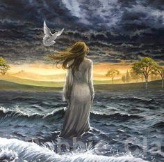 a painting of a woman standing in the ocean with a bird flying over her head