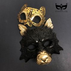 Wolf and bunny matching couples masks in black and gold. Thank you for supporting small businesses and hope our products bring you and loved ones some joy and humor in these trying times.  S H I P P I N G  -   Current processing times range 5-7 days. Pls note expedited & 1-2 day guaranteed delivery services offered will still require the same processing times.  I N C L U D E D Masks come with matching double sided satin ribbons attached. S I Z E  Adult size. Detailed dimensions available upon re Black Masks For Carnival Themed Events, Gold Masquerade Mask For Carnival Cosplay, Black Novelty Masks For Carnival, Novelty Black Masks For Carnival, Novelty Eye Mask For Masquerade, Novelty Black Party Masks, Black Masks For Halloween Gift, Novelty Black Masks And Prosthetics For Themed Events, Black Halloween Masks As Gifts