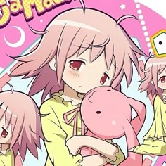 an anime character holding a stuffed animal in front of two other characters with pink hair