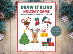 a christmas card with the words draw it blind holiday game, which includes reindeers and snowmen