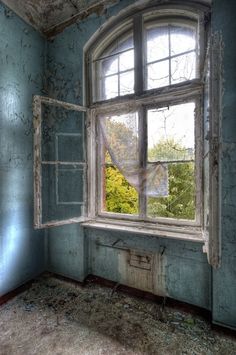 an empty room with blue walls and peeling paint on the wall, looking out to trees outside