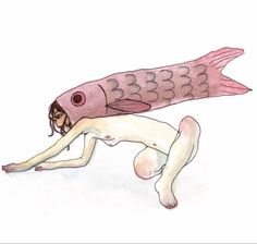 a drawing of a woman laying on the ground with a fish in her head and body