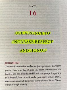 an open book with the text law 16 use absence to increase respect and honor