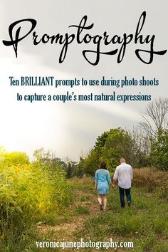 two people walking down a dirt road with the words prom photography written on top of them