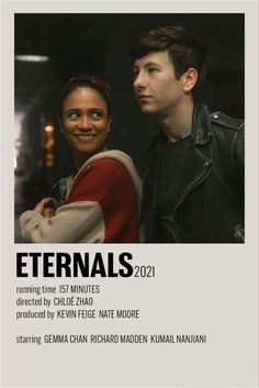 a poster for the upcoming movie, eternals with two people standing next to each other