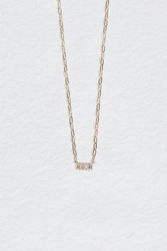 close up of gold cable chain necklace with 5 baguette diamonds Baguette Diamond Necklace, Baguette Studs, Baguette Diamond, Link Chain, White Diamond, Chain Lengths, Diamond Necklace, Jewelry Box, Special Occasion