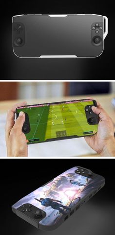 two different views of the same cell phone, one with an image of a soccer game on it