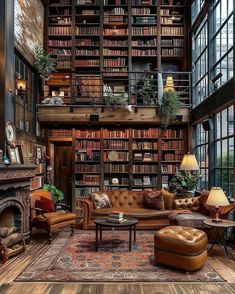 an old library with lots of bookshelves and leather furniture