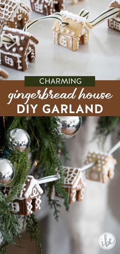 gingerbread house diy garland with text overlay reading charming gingerbread house diy garland