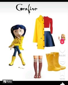 some cartoon characters are wearing rain boots and yellow coats, one is dressed in blue and the other has red