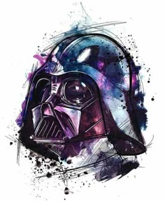 a star wars helmet painted in purple and blue watercolor on white paper with black ink